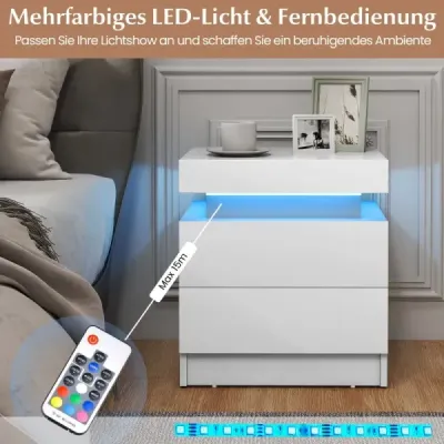Nočný stolík s LED osvetlením Nočná komoda s 2 zásuvkami Moderný nočný stolík biely Nočný stolík s LED osvetlením Nočná komoda s 2 zásuvkami Moderný nočný stolík biely