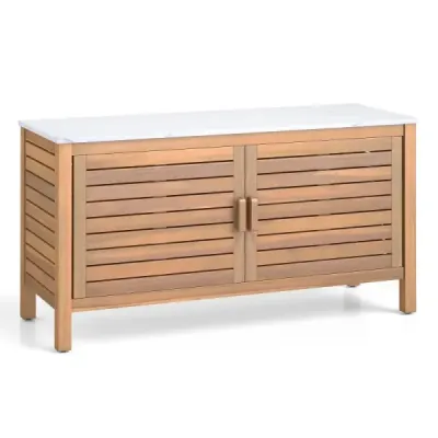 Drevená terasová skrinka Dvojdverová úložná skrinka s vrchnou časťou z umelého mramoru Polica Natural