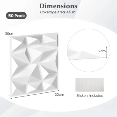 50 kusov 3D nástenných panelov diamant 30 x 30 cm nástenný obklad dekorácia na stenu biela 4,5m²