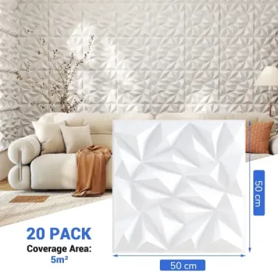 20 kusov 3D nástenných panelov diamant 50 x 50 cm nástenný obklad dekorácia na stenu biela 5m²