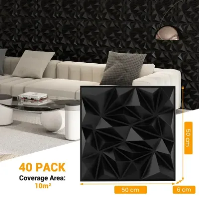 40 kusov 3D nástenných panelov diamant 50 x 50 cm nástenný obklad dekorácia na stenu čierna 10m²