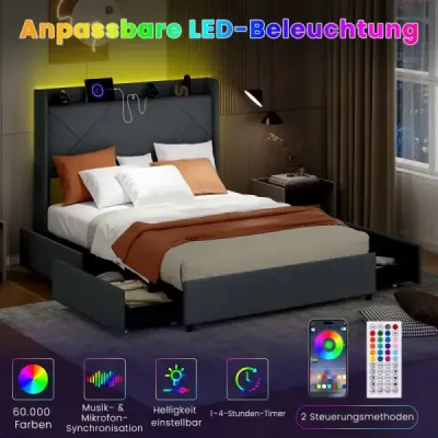 Rám manželskej postele vrátane LED osvetlenia Čalúnená posteľ s nabíjacou stanicou sivá 200 x 160 cm