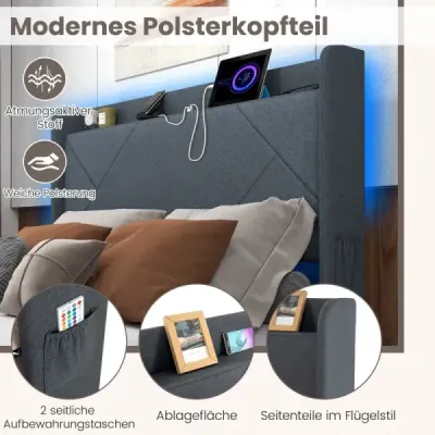 Rám manželskej postele vrátane LED osvetlenia Čalúnená posteľ s nabíjacou stanicou sivá 200 x 160 cm