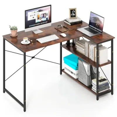 Počítačový stôl v tvare L obojstranný rohový stôl s nastaviteľnou policou Rustic Brown