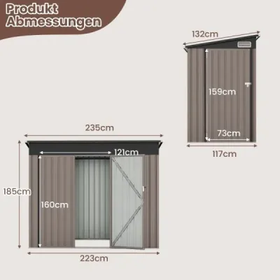 Kovový záhradný domček s prednými dverami a bočnými dverami a jednoplášťovou strechou Prístrešok na náradie 235 x 117 x 185 cm Svetlo hnedý