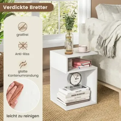 Bočný stolík v tvare S s 2 otvorenými priehradkami Moderný nočný stolík 33 x 33 x 50 cm Biely