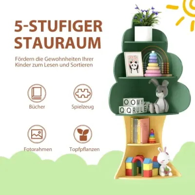 Detská drevená knižnica v štýle stromčeka s 5 úrovňami, detská polica na hračky, zelená Detská drevená knižnica v štýle stromčeka s 5 úrovňami, detská polica na hračky, zelená