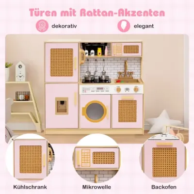 Detská kuchynka s ratanovými dvierkami a svetlom, zvukom a chladničkou, hračkárska kuchynka, ružová