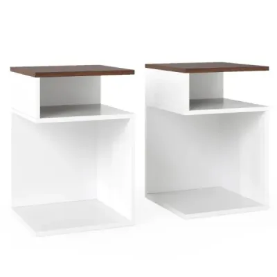 Sada 2 bočných stolíkov v tvare písmena S s 2 otvorenými priehradkami Nočný stolík Pohovka biela + orech