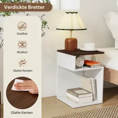Sada 2 bočných stolíkov v tvare písmena S s 2 otvorenými priehradkami Nočný stolík Pohovka biela + orech