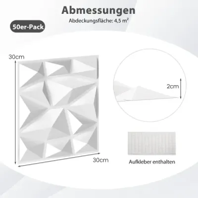 50 kusov 3D nástenných panelov diamant 30 x 30 cm nástenný obklad dekorácia na stenu biela 4,5m²