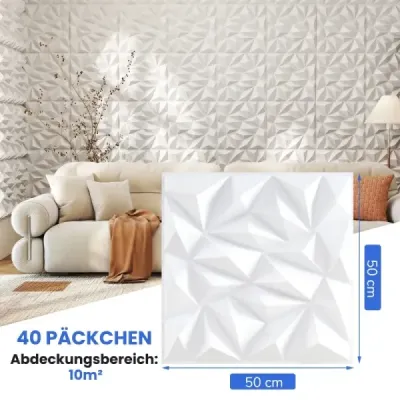 40 kusov 3D nástenných panelov diamant 50 x 50 cm nástenný obklad dekorácia na stenu biela 10m²