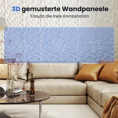 40 kusov 3D nástenných panelov diamant 50 x 50 cm nástenný obklad dekorácia na stenu biela 10m²