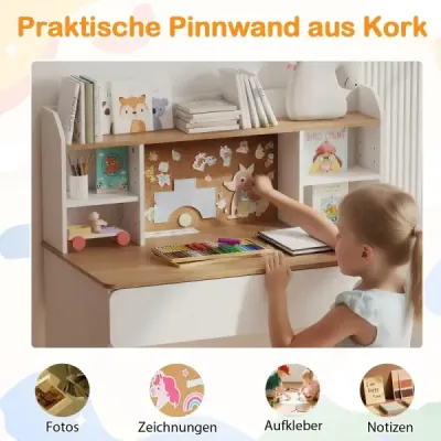Detský písací stôl robustný drevený stôl s korkovou doskou na kolíky nabíjacia stanica priestranný stôl biely