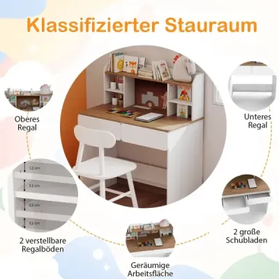 Detský písací stôl robustný drevený stôl s korkovou doskou na kolíky nabíjacia stanica priestranný stôl biely