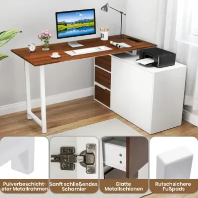 Písací stôl v tvare L so skrinkou na dokumenty a elektrickou zásuvkou 138 cm obojstranný rohový počítačový stôl hnedý
