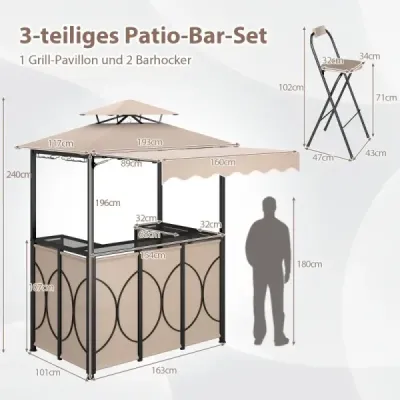 Vodotesný grilovací pavilón s barom a 2 barovými stoličkami Záhradný pavilón s dvojitou strechou a hnedou markízou