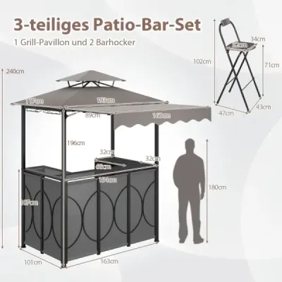 Vodotesný grilovací pavilón s barom a 2 barovými stoličkami Záhradný pavilón s dvojitou strechou a markízou Sivý
