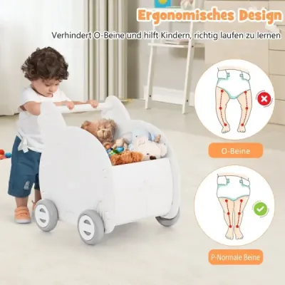Detské chodítko, 4-kolesový vozík pre batoľatá v tvare slona, biely