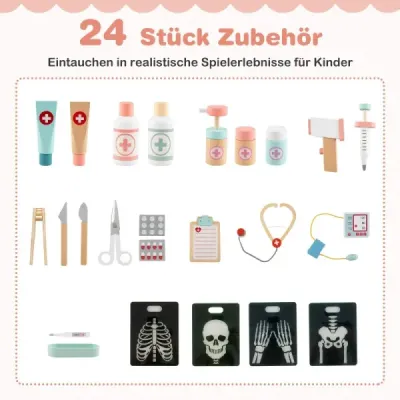 Hračka  so zdravotníckym vybavením a 24 doplnkami Drevená herná súprava Doktor ružová