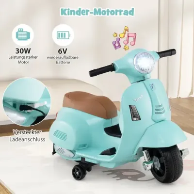 Licencovaná detská elektrická motorka Vespa 6V batériová motorka s LED svetlometom modrá
