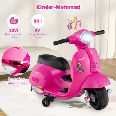 Licencovaná detská elektrická motorka Vespa 6V batériová motorka s LED svetlometom Ružová