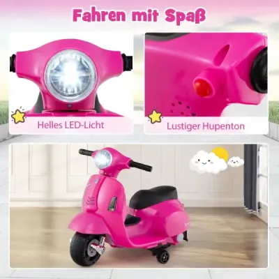 Licencovaná detská elektrická motorka Vespa 6V batériová motorka s LED svetlometom Ružová