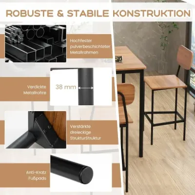 Jedálenský stôl so 4 barovými stoličkami Kuchynský stôl vo výške pultu Kovový rám Jedálenská súprava pre 4 osoby Tmavo hnedá