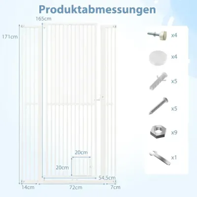Vysoká kovová bezpečnostná brána pre domáce zvieratá s 2 rozširujúcimi súpravami, bez nutnosti vŕtania, 77-104 cm x 171 cm, biela