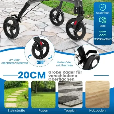 Skladací rolátor pre seniorov s ľahkým hliníkovým rámom 20 cm veľké kolesá Sivá