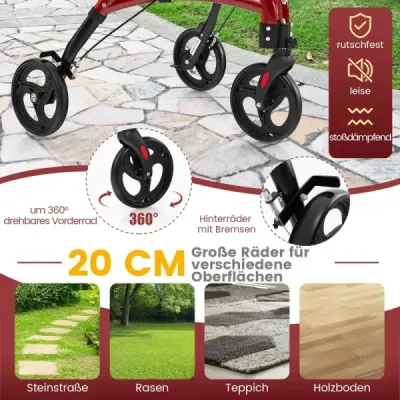 Chodítko pre seniorov skladací rolátor s ľahkým hliníkovým rámom 20 cm veľké kolesá červené