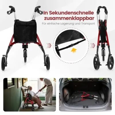 Chodítko pre seniorov skladací rolátor s ľahkým hliníkovým rámom 20 cm veľké kolesá červené