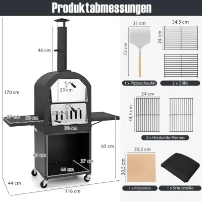 Pec na pizzu na drevo na vonkajšie použitie s ochranným krytom 305 cm kameň na pizzu a grilovací rošt