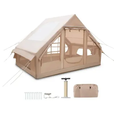 Nafukovací kempingový stan 4-6 osôb vodotesný vzduchový stan s pumpou okná proti komárom 2 dvere béžová