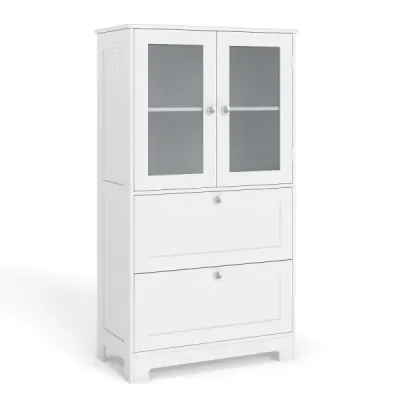 Kúpeľňová skrinka s 2 zásuvkami a 2 sklenenými dvierkami a nastaviteľnou policou Vysoká jednotka biela