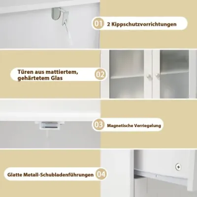 Kúpeľňová skrinka s 2 zásuvkami a 2 sklenenými dvierkami a nastaviteľnou policou Vysoká jednotka biela