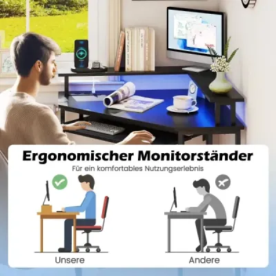 Rohový stôl s nabíjacou stanicou, LED diódou, zásuvkou na klávesnicu a stojanom na monitor, herný stôl čierny Rohový stôl s nabíjacou stanicou, LED diódou, zásuvkou na klávesnicu a stojanom na monitor, herný stôl čierny
