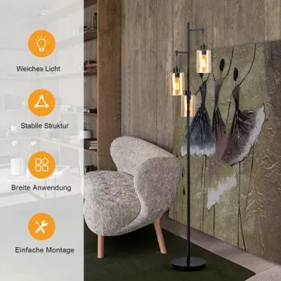 164 cm stojaca lampa s 3 závesnými jantárovými sklenenými tienidlami, nožným spínačom a kovovou základňou Stojaca lampa