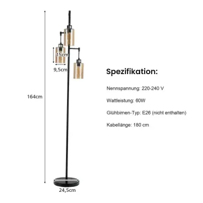 164 cm stojaca lampa s 3 závesnými jantárovými sklenenými tienidlami, nožným spínačom a kovovou základňou Stojaca lampa