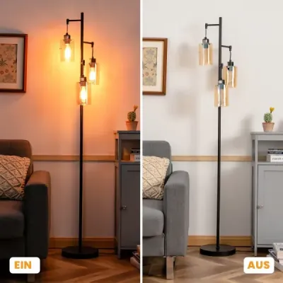 164 cm stojaca lampa s 3 závesnými jantárovými sklenenými tienidlami, nožným spínačom a kovovou základňou Stojaca lampa
