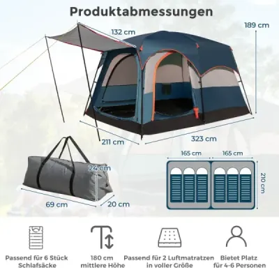 Kempingový stan pre 6 osôb s 2-priehradkou a modrým pláštenkom