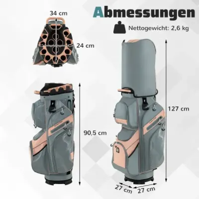 Golfová taška so 14 priehradkami, popruhom na prenášanie, pláštenkou a 11 vreckami. Ľahká ružová taška na golfový vozík Golfová taška so 14 priehradkami, popruhom na prenášanie, pláštenkou a 11 vreckami. Ľahká ružová taška na golfový vozík