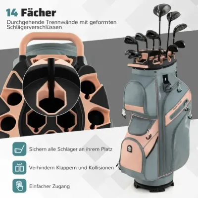 Golfová taška so 14 priehradkami, popruhom na prenášanie, pláštenkou a 11 vreckami. Ľahká ružová taška na golfový vozík Golfová taška so 14 priehradkami, popruhom na prenášanie, pláštenkou a 11 vreckami. Ľahká ružová taška na golfový vozík