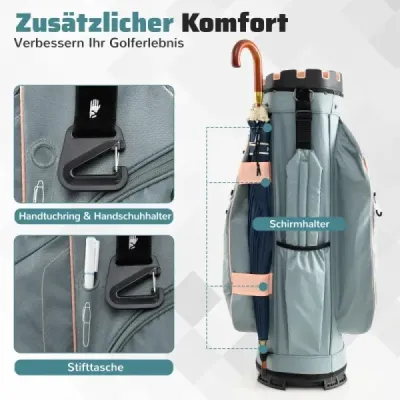 Golfová taška so 14 priehradkami, popruhom na prenášanie, pláštenkou a 11 vreckami. Ľahká ružová taška na golfový vozík Golfová taška so 14 priehradkami, popruhom na prenášanie, pláštenkou a 11 vreckami. Ľahká ružová taška na golfový vozík