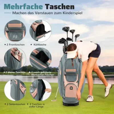 Golfová taška so 14 priehradkami, popruhom na prenášanie, pláštenkou a 11 vreckami. Ľahká ružová taška na golfový vozík Golfová taška so 14 priehradkami, popruhom na prenášanie, pláštenkou a 11 vreckami. Ľahká ružová taška na golfový vozík