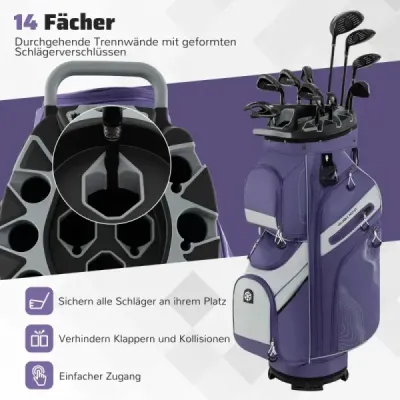 Golfová taška so 14 priehradkami, popruhom na prenášanie, pláštenkou proti dažďu a 11 vreckami. Ľahká fialová taška na golfový vozík.