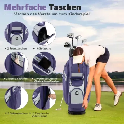 Golfová taška so 14 priehradkami, popruhom na prenášanie, pláštenkou proti dažďu a 11 vreckami. Ľahká fialová taška na golfový vozík.