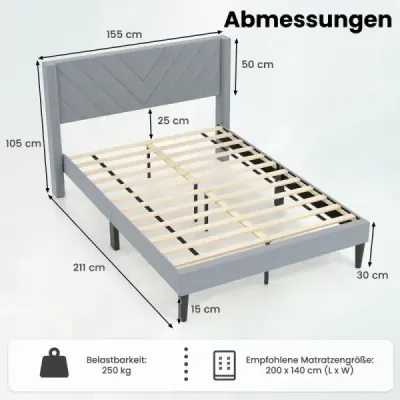 Rám postele pre matrac 200 x 140 cm. Čalúnený rám manželskej postele. Posteľ s plošinou a čelom. Sivá.