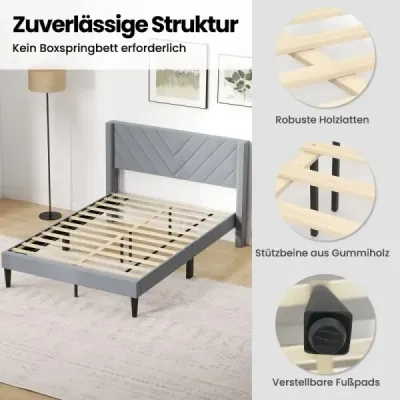 Rám postele pre matrac 200 x 140 cm. Čalúnený rám manželskej postele. Posteľ s plošinou a čelom. Sivá.