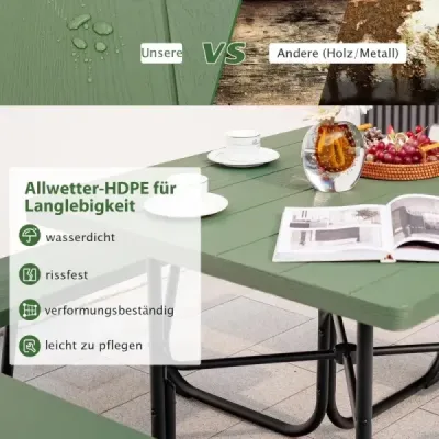Okrúhly piknikový stôl so 4 lavicami a otvorom na slnečník pre 8 osôb Nosnosť 900 kg Kempingový stôl zelený